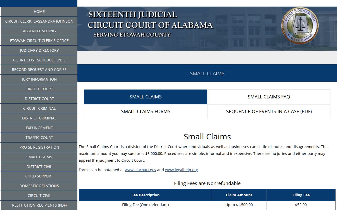 Etowah County civil docket small claims procedure page